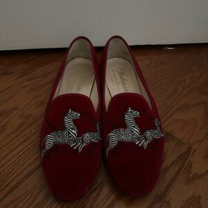 Red Velvet Zebra Embroidered Slippers -